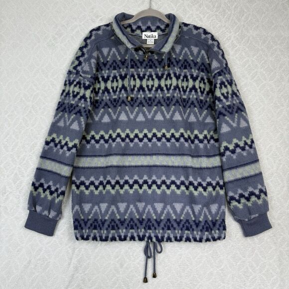 Vtg Aztec Pullover Jacket Womens Medium Blue Green Tribal Southwest Cozy Fuzzy - Picture 1 of 11